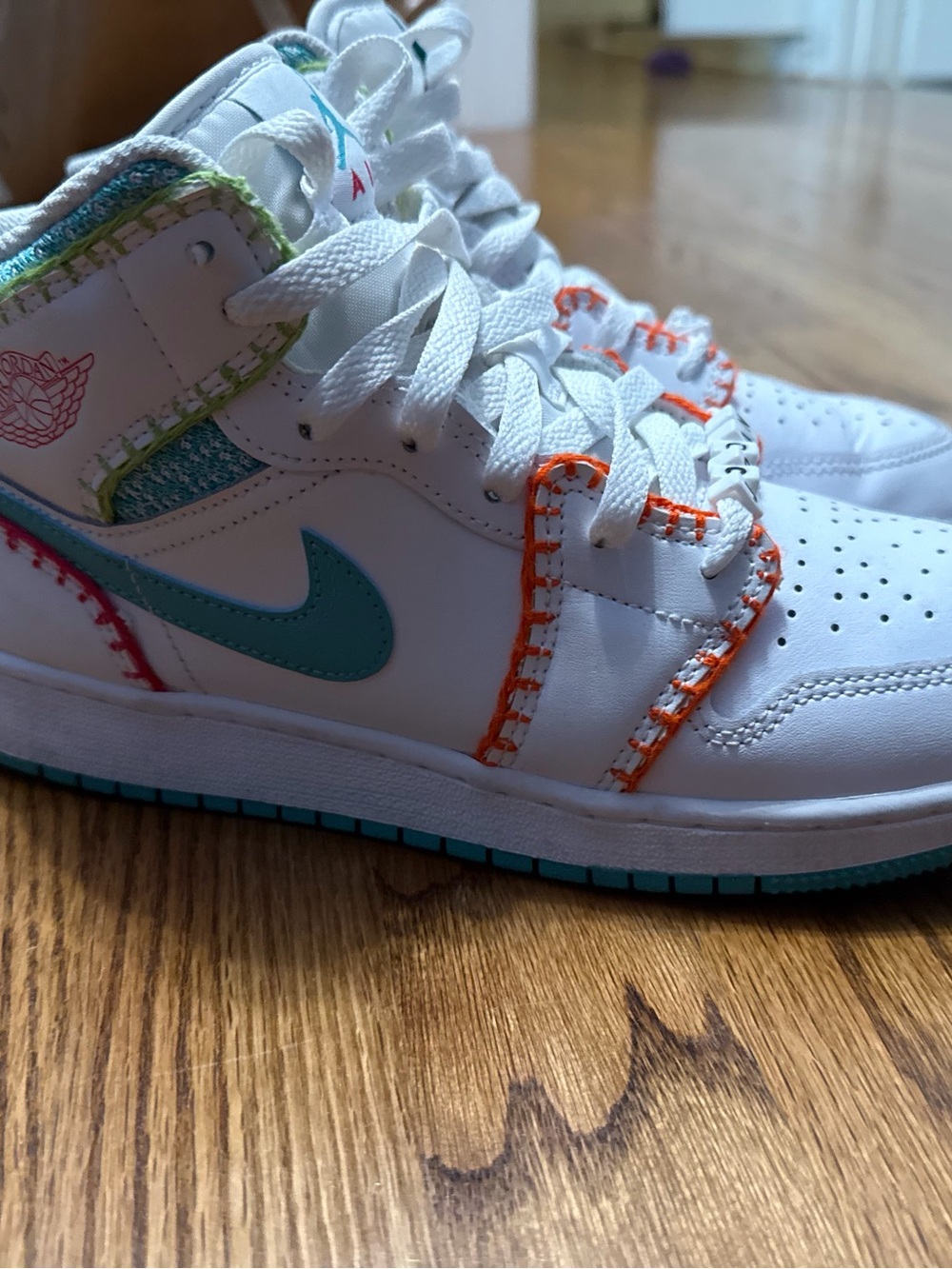 Unisex Nike Kids Aid Jordan White Teal and Orange Accented High-Top Sneakers